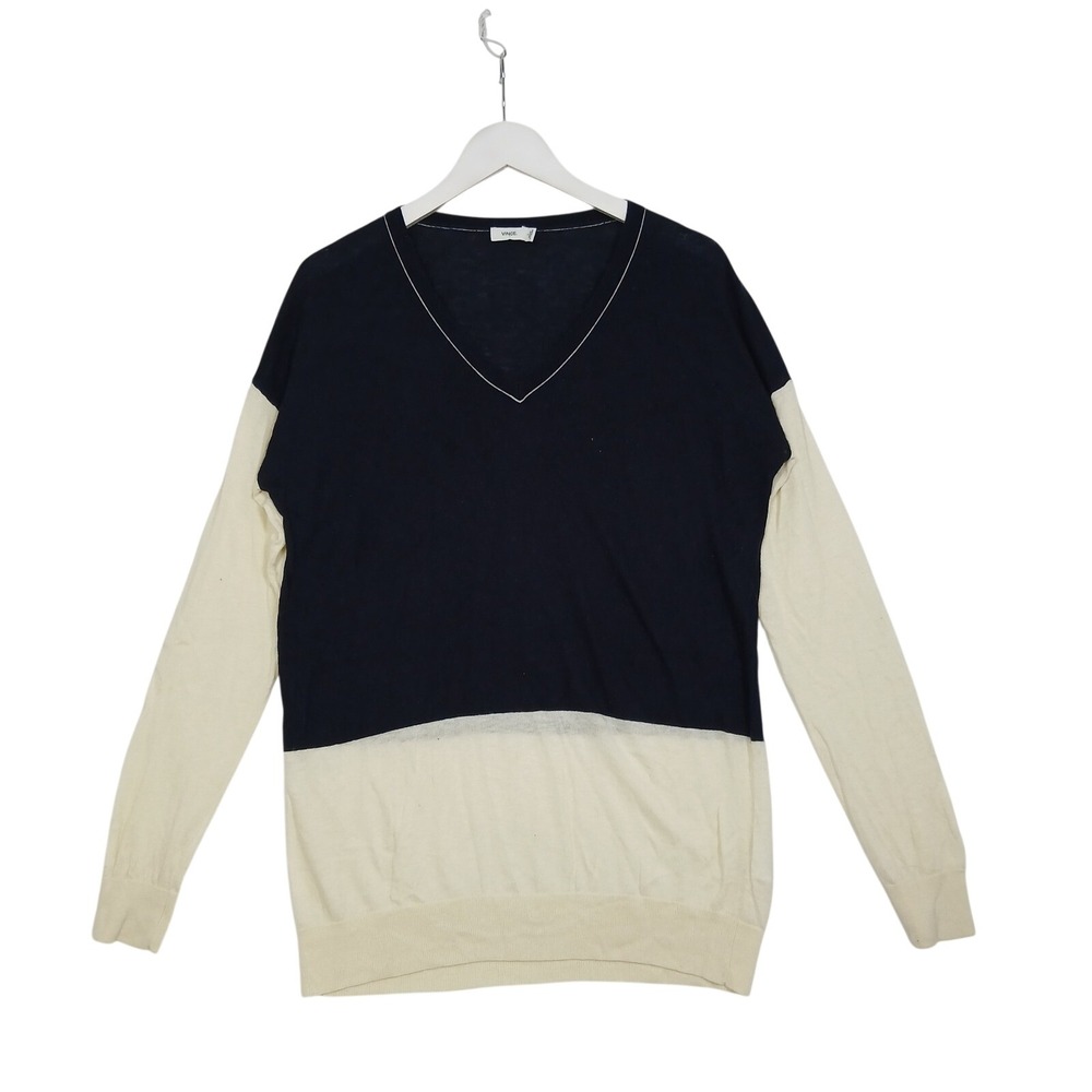 Vince Navy Blue Cream Colorblock Merino Wool Blend V-Neck Sweater Small - Picture 1 of 5